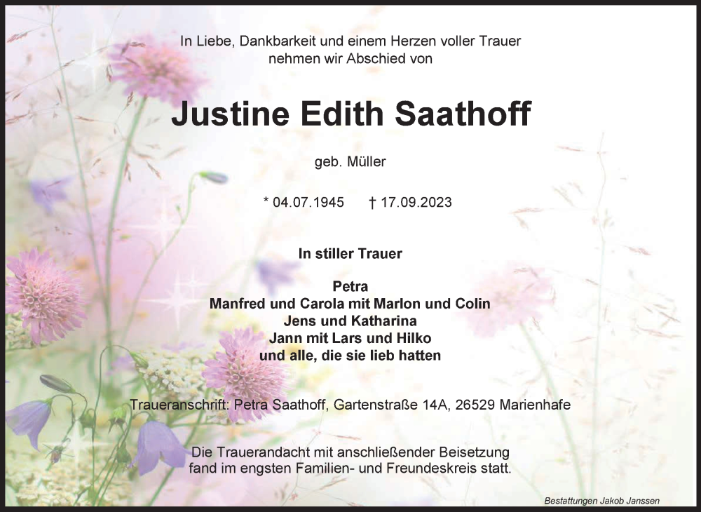  Traueranzeige für Justine Edith Saathoff vom 30.09.2023 aus Ostfriesischer Kurier