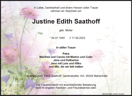 Traueranzeige von Justine Edith Saathoff von Ostfriesischer Kurier