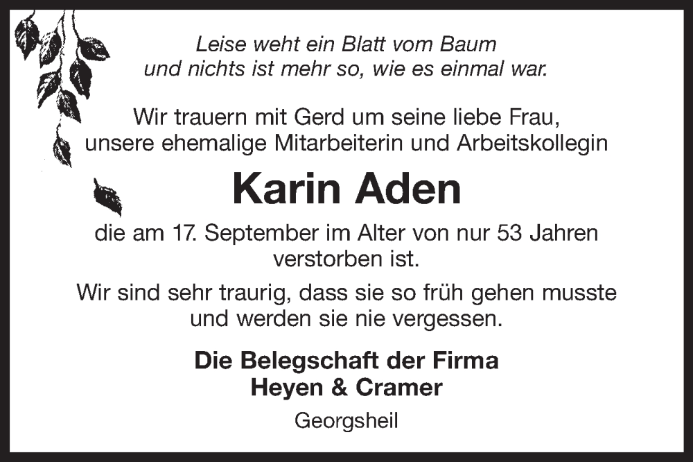  Traueranzeige für Karin Aden vom 27.09.2023 aus Ostfriesischer Kurier