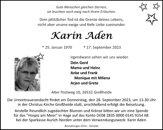 Traueranzeige von Karin Aden von Ostfriesischer Kurier