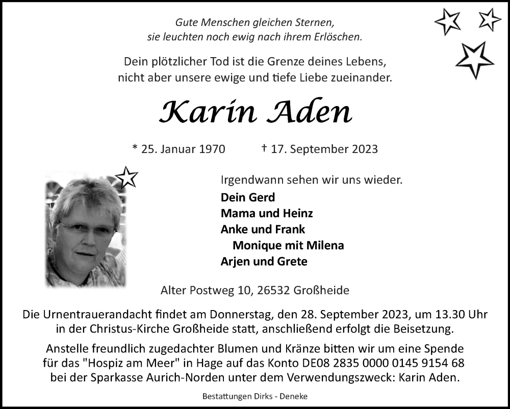  Traueranzeige für Karin Aden vom 19.09.2023 aus Ostfriesischer Kurier