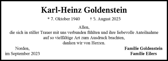 Traueranzeige von Karl-Heinz Goldenstein von Ostfriesischer Kurier