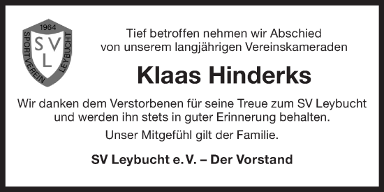 Traueranzeige von Klaas Hinderks von Ostfriesischer Kurier