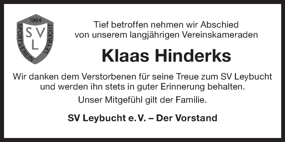  Traueranzeige für Klaas Hinderks vom 01.09.2023 aus Ostfriesischer Kurier