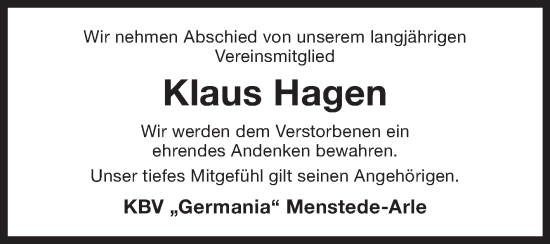 Traueranzeige von Klaus Hagen von Ostfriesischer Kurier