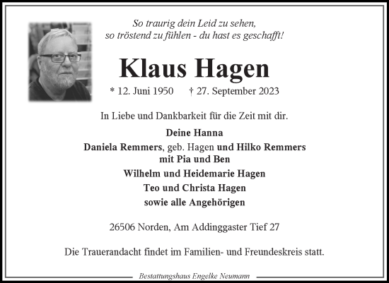 Traueranzeige von Klaus Hagen von Ostfriesischer Kurier