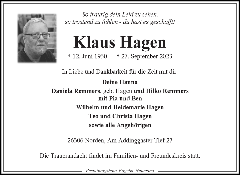  Traueranzeige für Klaus Hagen vom 30.09.2023 aus Ostfriesischer Kurier