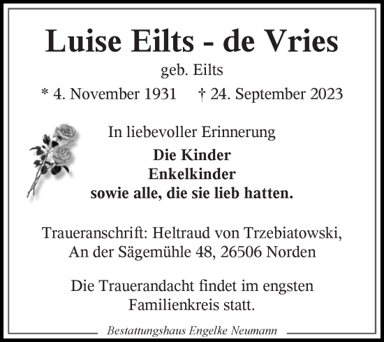 Traueranzeige von Luise Eilts-de Vries  von Ostfriesischer Kurier