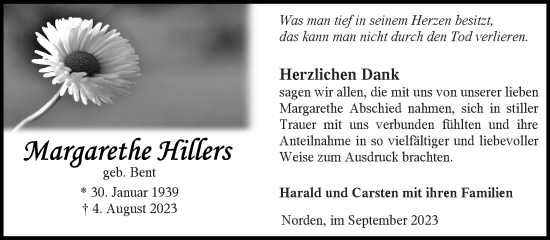 Traueranzeige von Margarethe Hillers von Ostfriesischer Kurier