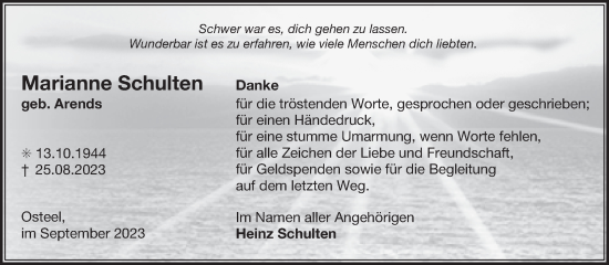 Traueranzeige von Marianne Schulten von Ostfriesischer Kurier