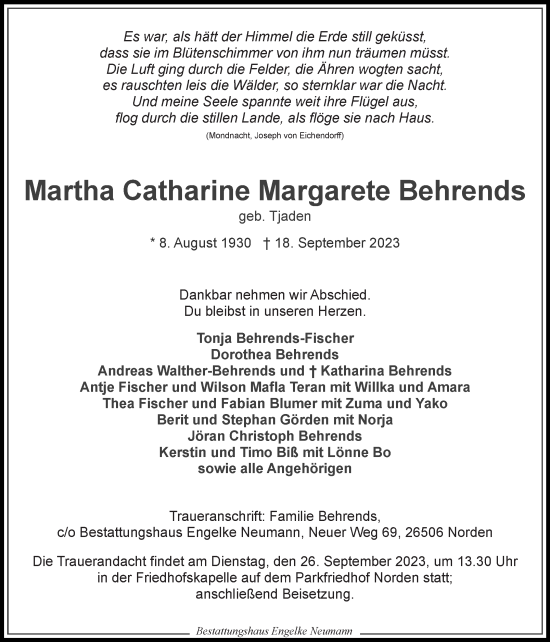 Traueranzeige von Martha Catharine Margarete Behrends von Ostfriesischer Kurier
