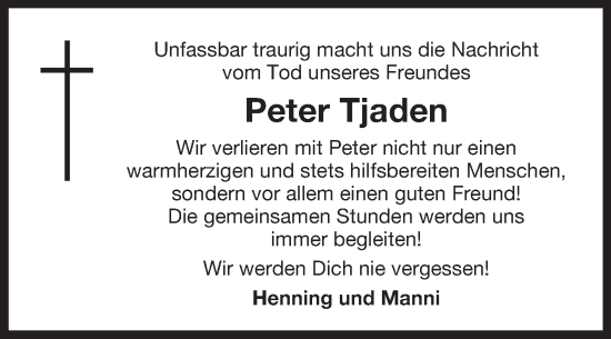 Traueranzeige von Peter Tjaden von Ostfriesischer Kurier