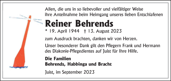 Traueranzeige von Reiner Behrends von Ostfriesischer Kurier