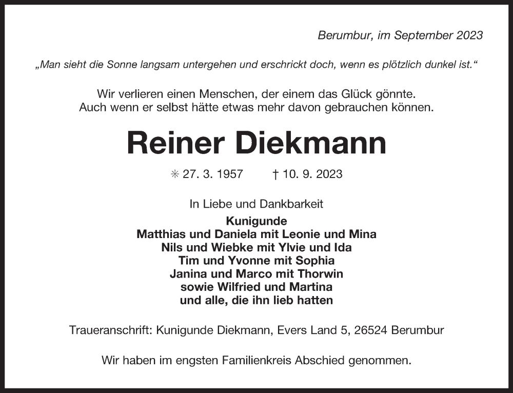  Traueranzeige für Reiner Diekmann vom 23.09.2023 aus Ostfriesischer Kurier