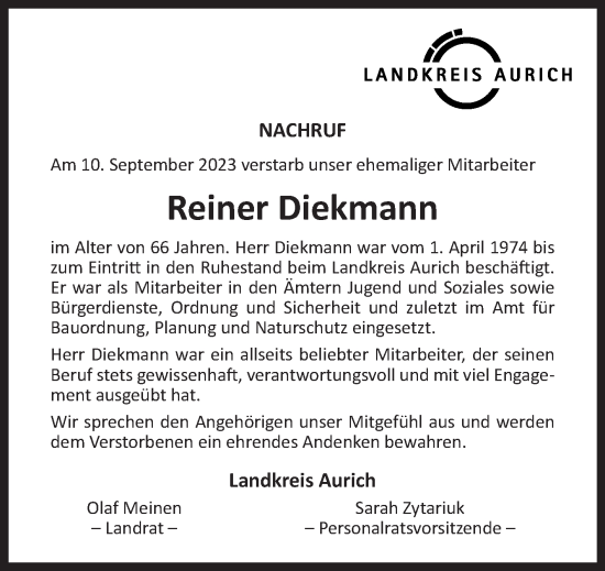 Traueranzeige von Reiner Diekmann von Ostfriesischer Kurier