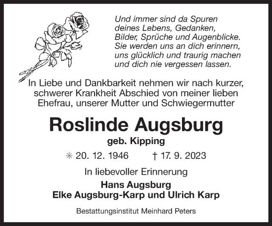 Traueranzeige von Roslinde Augsburg von Ostfriesischer Kurier