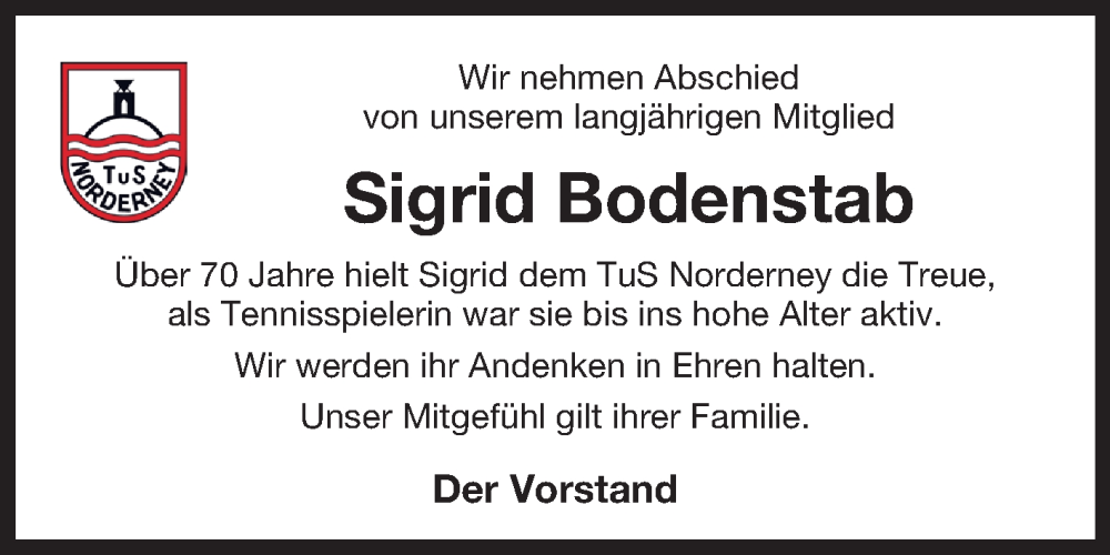  Traueranzeige für Sigrid Bodenstab vom 05.09.2023 aus Ostfriesischer Kurier