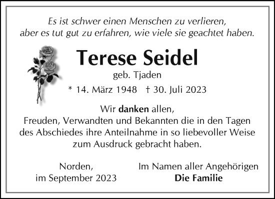 Traueranzeige von Terese Seidel von Ostfriesischer Kurier