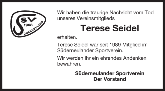 Traueranzeige von Terese Seidel von Ostfriesischer Kurier