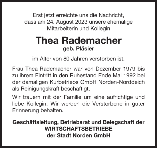 Traueranzeige von Thea Rademacher von Ostfriesischer Kurier