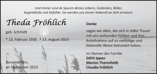 Traueranzeige von Theda Fröhlich von Ostfriesischer Kurier