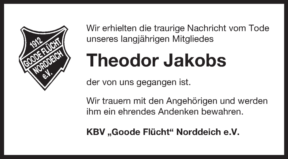  Traueranzeige für Theodor Jakobs vom 19.09.2023 aus Ostfriesischer Kurier