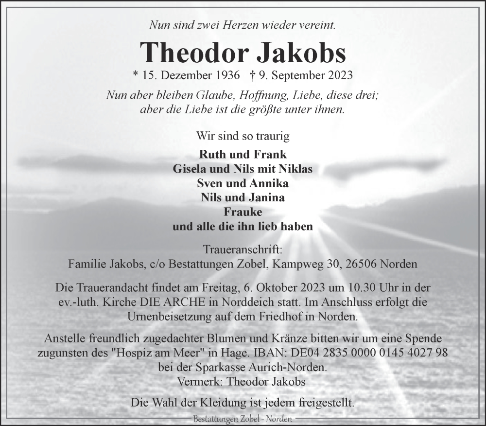  Traueranzeige für Theodor Jakobs vom 16.09.2023 aus Ostfriesischer Kurier
