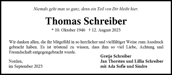 Traueranzeige von Thomas Schreiber von Ostfriesischer Kurier