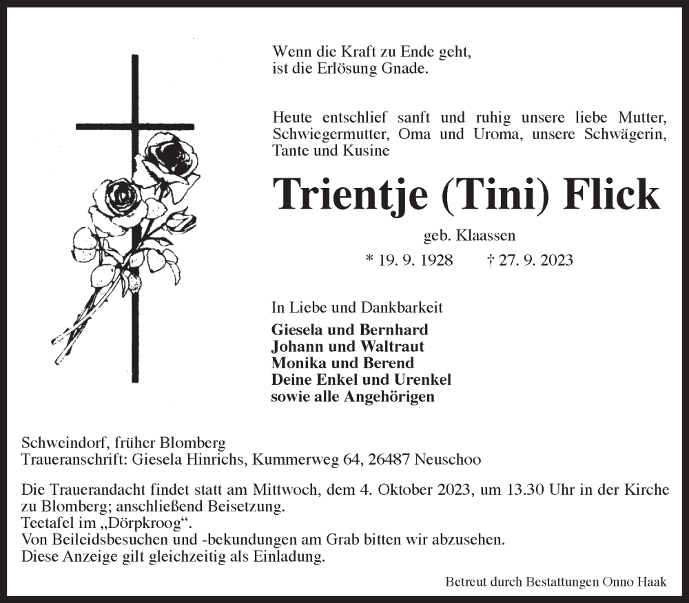  Traueranzeige für Trientje Flick vom 29.09.2023 aus Ostfriesischer Kurier
