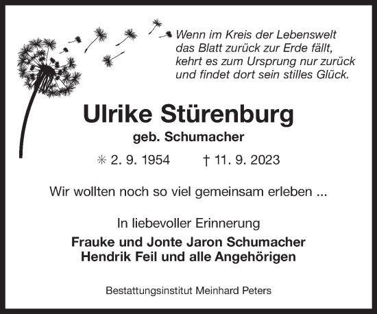 Traueranzeige von Ulrike Stürenburg von Ostfriesischer Kurier