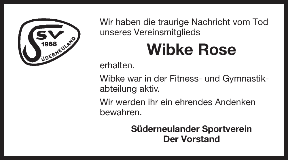  Traueranzeige für Wibke Rose vom 08.09.2023 aus Ostfriesischer Kurier