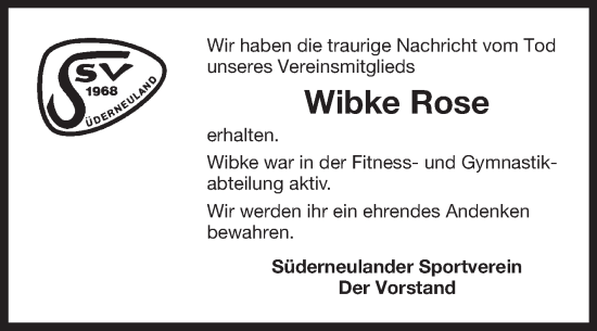 Traueranzeige von Wibke Rose von Ostfriesischer Kurier