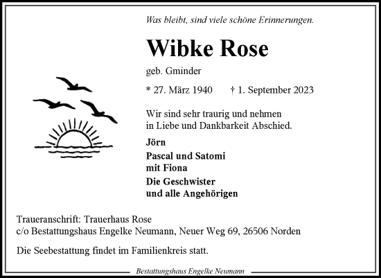 Traueranzeige von Wibke Rose von Ostfriesischer Kurier