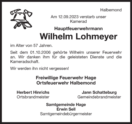 Traueranzeige von Wilhelm Lohmeyer von Ostfriesischer Kurier