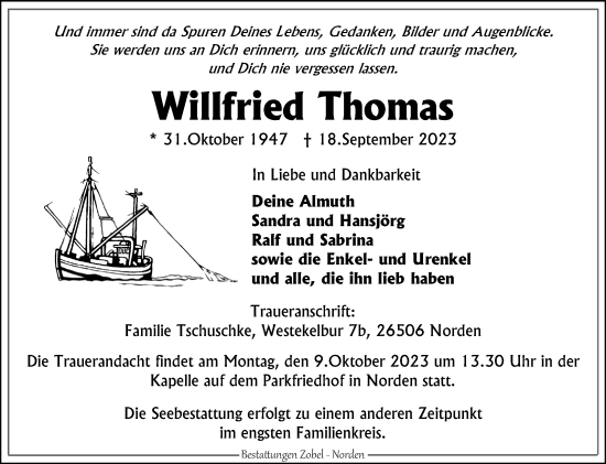 Traueranzeige von Willfried Thomas von Ostfriesischer Kurier