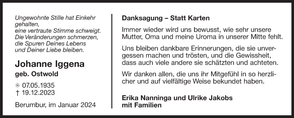  Traueranzeige für Johanne Iggena vom 20.01.2024 aus Ostfriesischer Kurier