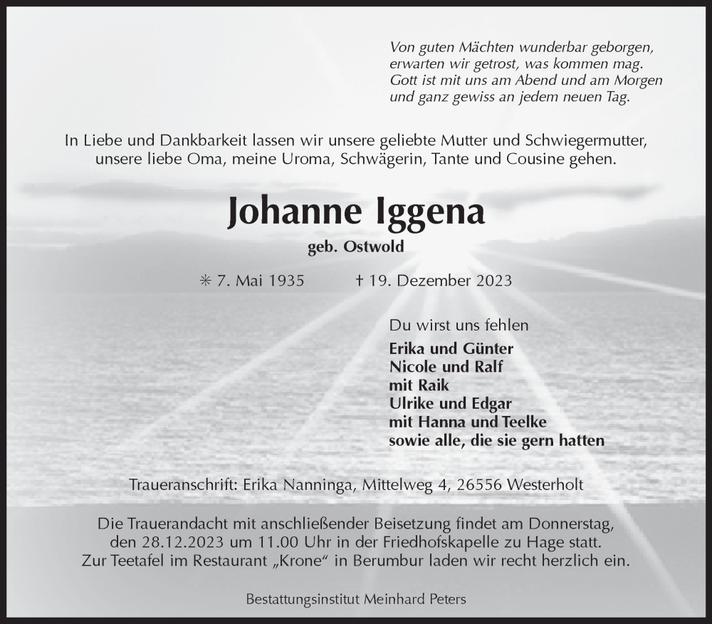  Traueranzeige für Johanne Iggena vom 23.12.2023 aus Ostfriesischer Kurier