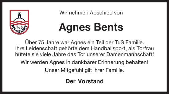 Traueranzeige von Agnes Bents von Ostfriesischer Kurier