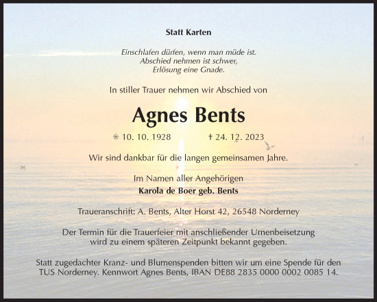 Traueranzeige von Agnes Bents von Ostfriesischer Kurier