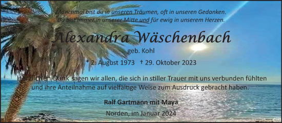 Traueranzeige von Alexandra Wäschenbach von Ostfriesischer Kurier