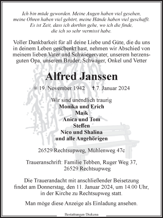 Traueranzeige von Alfred Janssen von Ostfriesischer Kurier