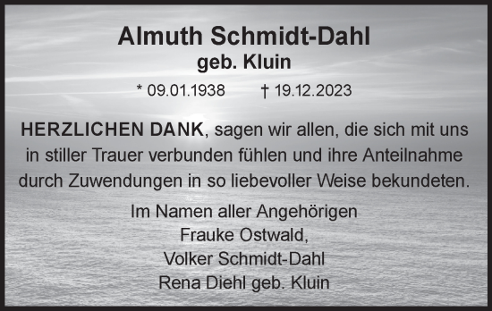 Traueranzeige von Almuth Schmidt-Dahl von Ostfriesischer Kurier
