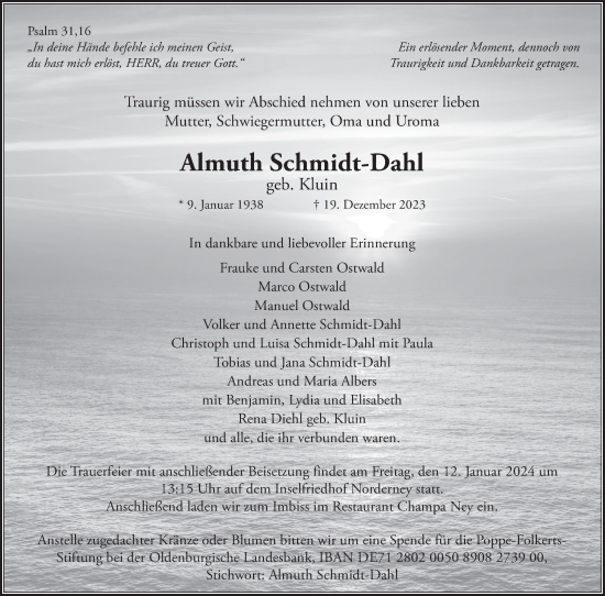 Traueranzeige von Almuth Schmidt-Dahl von Ostfriesischer Kurier