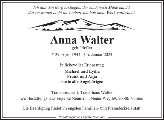 Traueranzeige von Anna Walter von Ostfriesischer Kurier