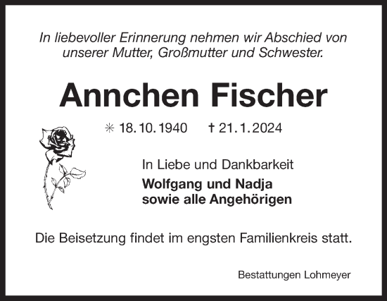 Traueranzeige von Annchen Fischer von Ostfriesischer Kurier