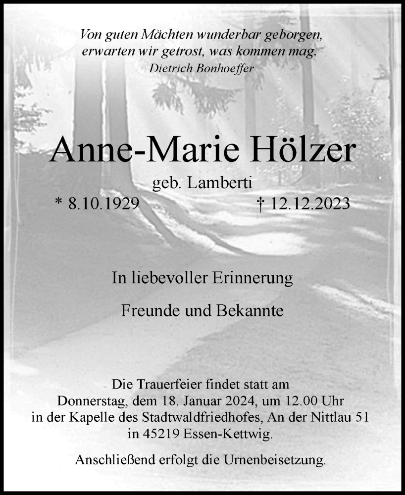 Traueranzeigen von Anne-Marie Hölzer | OK-Trauer.de