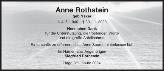 Traueranzeige von Anne Rothstein von Ostfriesischer Kurier