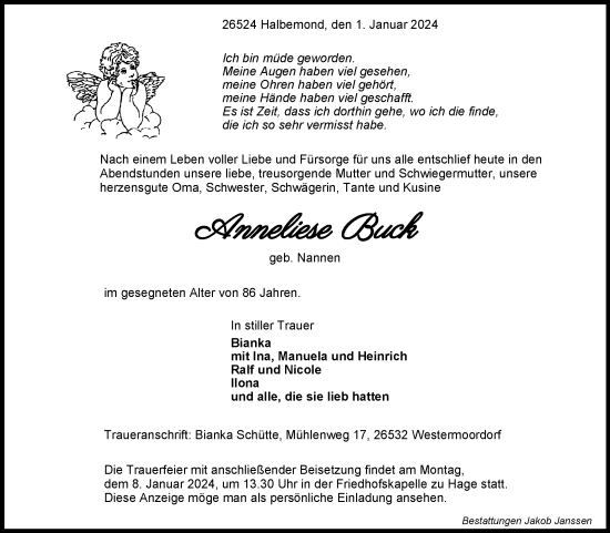 Traueranzeige von Anneliese Buck von Ostfriesischer Kurier