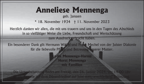 Traueranzeige von Anneliese Mennenga von Ostfriesischer Kurier