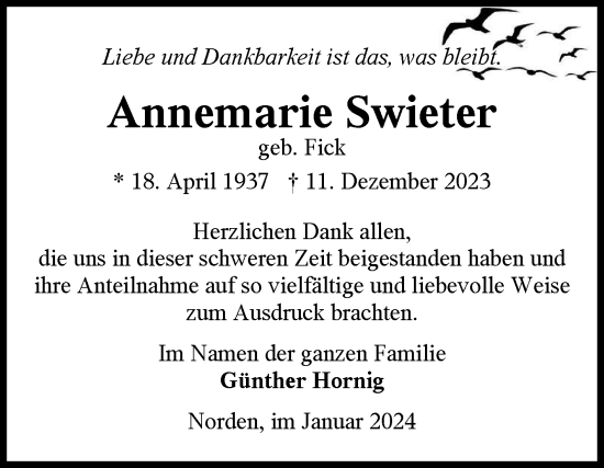 Traueranzeige von Annemarie Swieter von Ostfriesischer Kurier